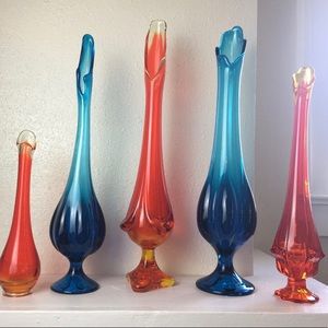 Collection Of 5 MCM Viking Fenton Glass Swung Vases Varying Designs 9-18 inches